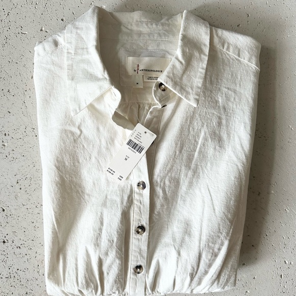 Anthropologie Cap Sleeve Collared Linen Rouched Mini Dress Medium. Summer dress - Picture 14 of 15